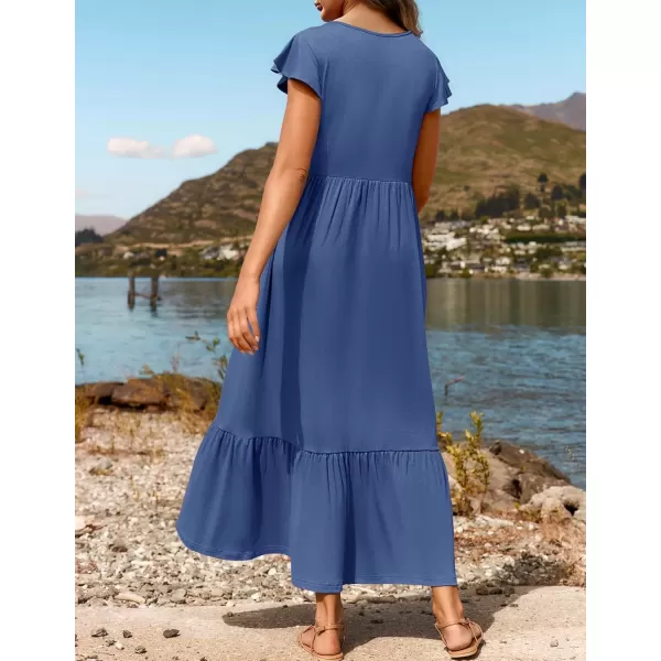 imageZESICA Womens 2024 Summer Casual Dresses Flutter Short Sleeve Crewneck Loose Flowy Tiered Beach Maxi Dress with PocketsDustyblue