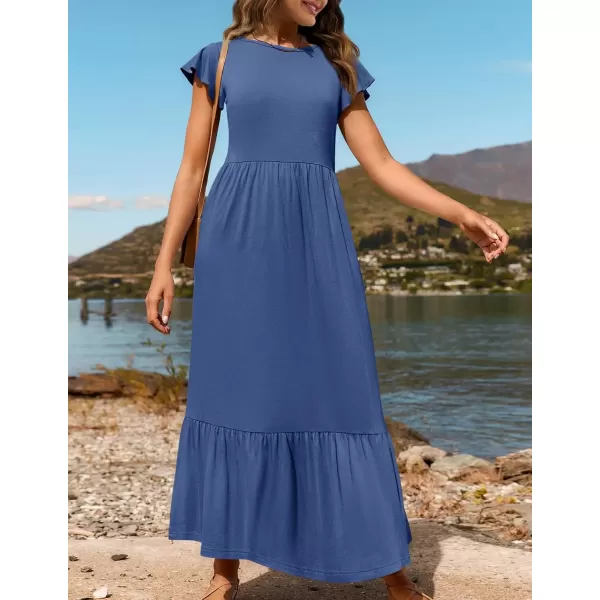 imageZESICA Womens 2024 Summer Casual Dresses Flutter Short Sleeve Crewneck Loose Flowy Tiered Beach Maxi Dress with PocketsDustyblue