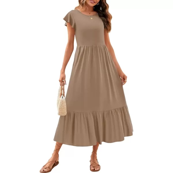 imageZESICA Womens 2024 Summer Casual Dresses Flutter Short Sleeve Crewneck Loose Flowy Tiered Beach Maxi Dress with PocketsKhaki