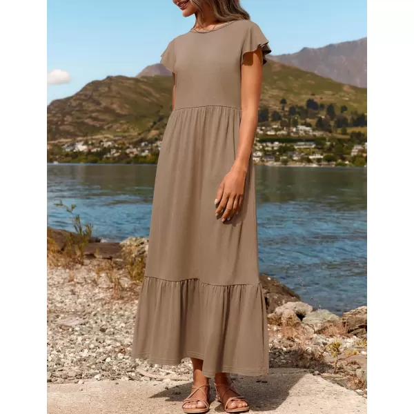 imageZESICA Womens 2024 Summer Casual Dresses Flutter Short Sleeve Crewneck Loose Flowy Tiered Beach Maxi Dress with PocketsKhaki