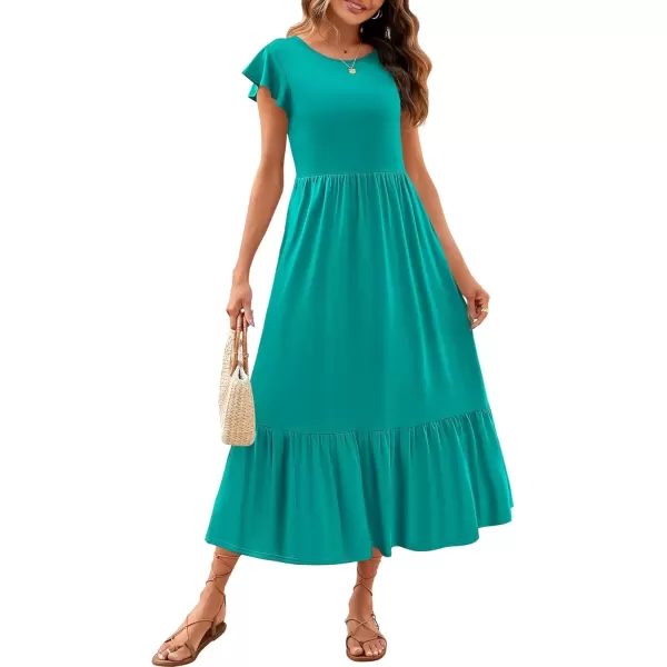 imageZESICA Womens 2024 Summer Casual Dresses Flutter Short Sleeve Crewneck Loose Flowy Tiered Beach Maxi Dress with PocketsLakegreen