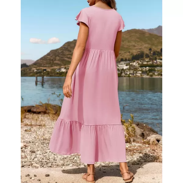 imageZESICA Womens 2024 Summer Casual Dresses Flutter Short Sleeve Crewneck Loose Flowy Tiered Beach Maxi Dress with PocketsPink
