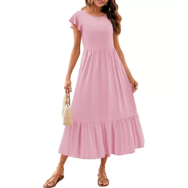 imageZESICA Womens 2024 Summer Casual Dresses Flutter Short Sleeve Crewneck Loose Flowy Tiered Beach Maxi Dress with PocketsPink