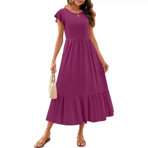 imageZESICA Womens 2024 Summer Casual Dresses Flutter Short Sleeve Crewneck Loose Flowy Tiered Beach Maxi Dress with PocketsPlum