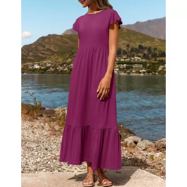 imageZESICA Womens 2024 Summer Casual Dresses Flutter Short Sleeve Crewneck Loose Flowy Tiered Beach Maxi Dress with PocketsPlum