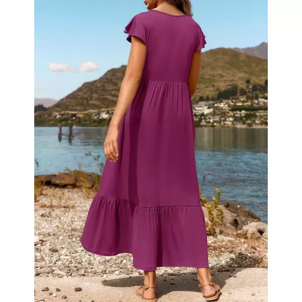 imageZESICA Womens 2024 Summer Casual Dresses Flutter Short Sleeve Crewneck Loose Flowy Tiered Beach Maxi Dress with PocketsPlum