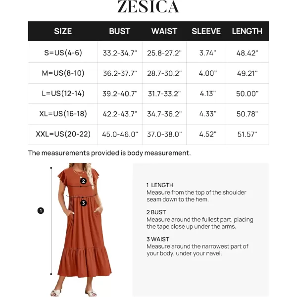 imageZESICA Womens 2024 Summer Casual Dresses Flutter Short Sleeve Crewneck Loose Flowy Tiered Beach Maxi Dress with PocketsRust