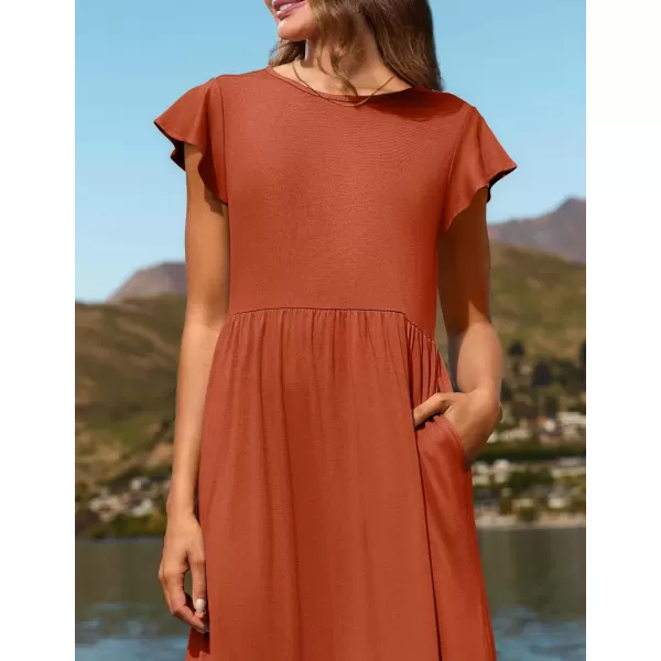 imageZESICA Womens 2024 Summer Casual Dresses Flutter Short Sleeve Crewneck Loose Flowy Tiered Beach Maxi Dress with PocketsRust