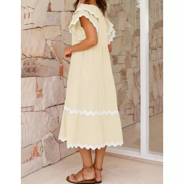 imageZESICA Womens 2024 Summer Casual Midi Dresses V Neck Flutter Short Sleeve Ruffle Tiered A Line Flowy Beach Long DressApricot