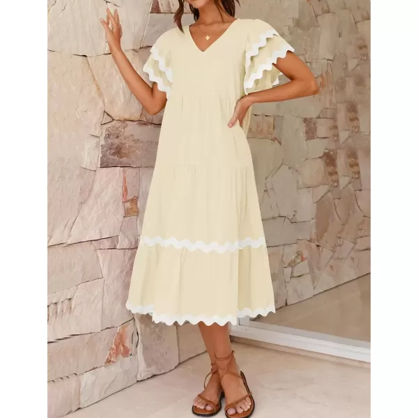 imageZESICA Womens 2024 Summer Casual Midi Dresses V Neck Flutter Short Sleeve Ruffle Tiered A Line Flowy Beach Long DressApricot