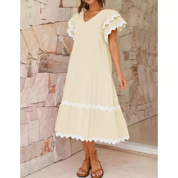 imageZESICA Womens 2024 Summer Casual Midi Dresses V Neck Flutter Short Sleeve Ruffle Tiered A Line Flowy Beach Long DressApricot