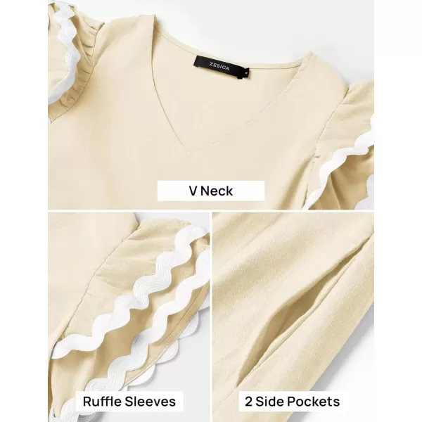 imageZESICA Womens 2024 Summer Casual Midi Dresses V Neck Flutter Short Sleeve Ruffle Tiered A Line Flowy Beach Long DressApricot