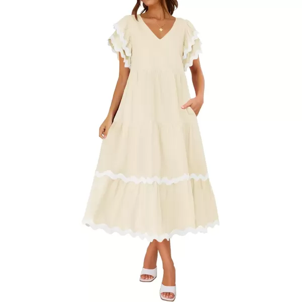 imageZESICA Womens 2024 Summer Casual Midi Dresses V Neck Flutter Short Sleeve Ruffle Tiered A Line Flowy Beach Long DressApricot