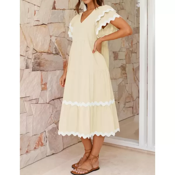imageZESICA Womens 2024 Summer Casual Midi Dresses V Neck Flutter Short Sleeve Ruffle Tiered A Line Flowy Beach Long DressApricot