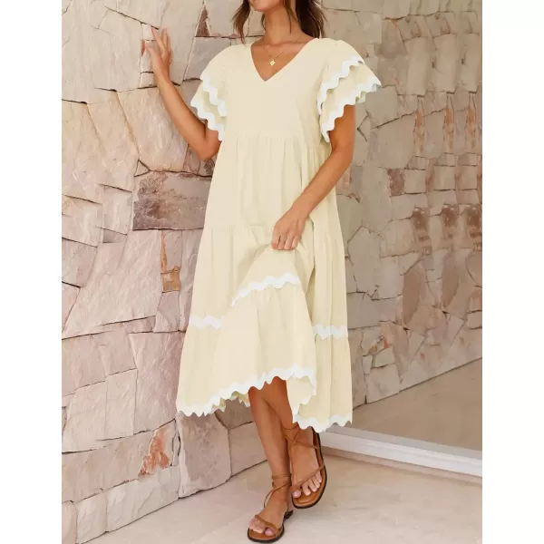 imageZESICA Womens 2024 Summer Casual Midi Dresses V Neck Flutter Short Sleeve Ruffle Tiered A Line Flowy Beach Long DressApricot