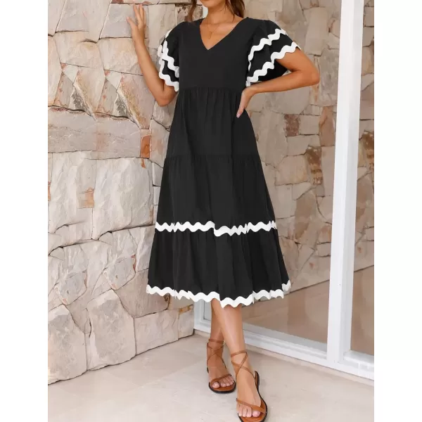 imageZESICA Womens 2024 Summer Casual Midi Dresses V Neck Flutter Short Sleeve Ruffle Tiered A Line Flowy Beach Long DressBlack
