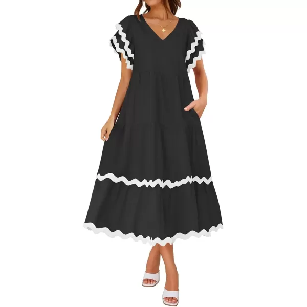 imageZESICA Womens 2024 Summer Casual Midi Dresses V Neck Flutter Short Sleeve Ruffle Tiered A Line Flowy Beach Long DressBlack