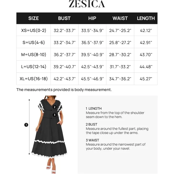 imageZESICA Womens 2024 Summer Casual Midi Dresses V Neck Flutter Short Sleeve Ruffle Tiered A Line Flowy Beach Long DressBlack