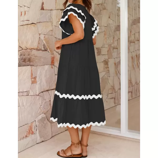 imageZESICA Womens 2024 Summer Casual Midi Dresses V Neck Flutter Short Sleeve Ruffle Tiered A Line Flowy Beach Long DressBlack