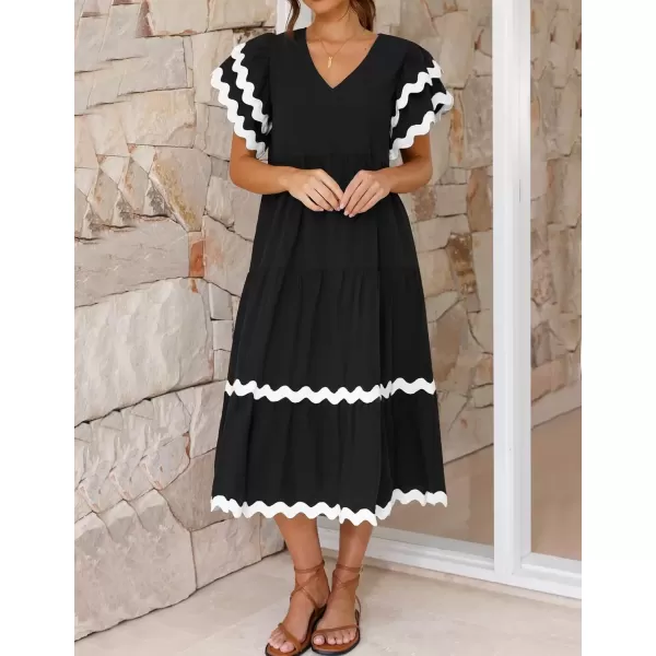 imageZESICA Womens 2024 Summer Casual Midi Dresses V Neck Flutter Short Sleeve Ruffle Tiered A Line Flowy Beach Long DressBlack