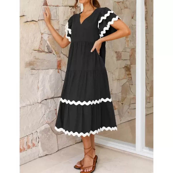imageZESICA Womens 2024 Summer Casual Midi Dresses V Neck Flutter Short Sleeve Ruffle Tiered A Line Flowy Beach Long DressBlack