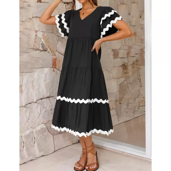 imageZESICA Womens 2024 Summer Casual Midi Dresses V Neck Flutter Short Sleeve Ruffle Tiered A Line Flowy Beach Long DressBlack