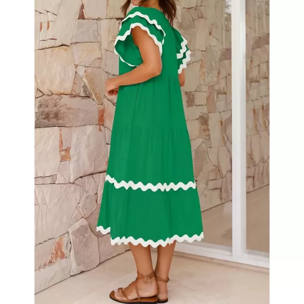 imageZESICA Womens 2024 Summer Casual Midi Dresses V Neck Flutter Short Sleeve Ruffle Tiered A Line Flowy Beach Long DressGreen