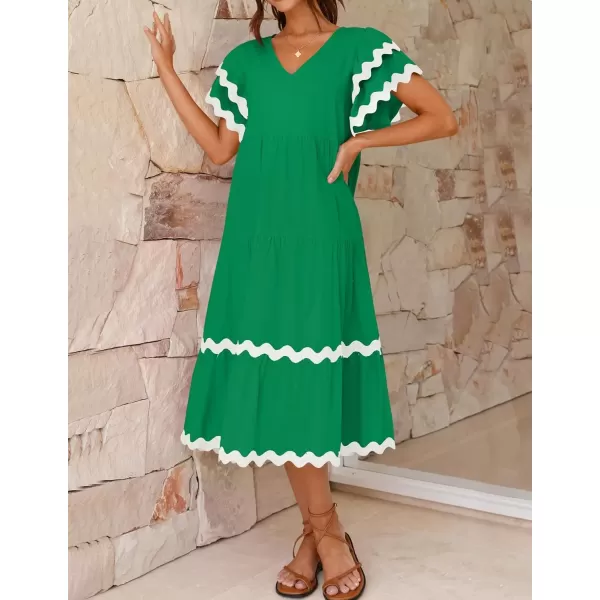 imageZESICA Womens 2024 Summer Casual Midi Dresses V Neck Flutter Short Sleeve Ruffle Tiered A Line Flowy Beach Long DressGreen