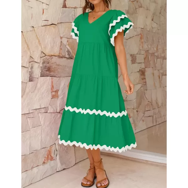 imageZESICA Womens 2024 Summer Casual Midi Dresses V Neck Flutter Short Sleeve Ruffle Tiered A Line Flowy Beach Long DressGreen