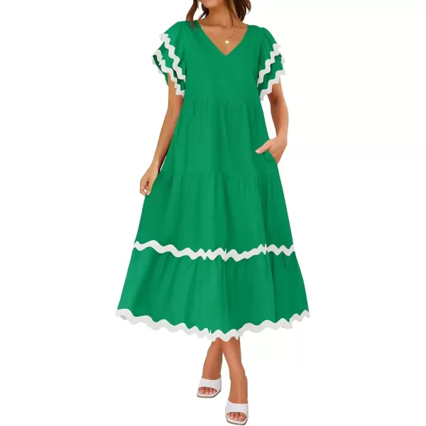 imageZESICA Womens 2024 Summer Casual Midi Dresses V Neck Flutter Short Sleeve Ruffle Tiered A Line Flowy Beach Long DressGreen