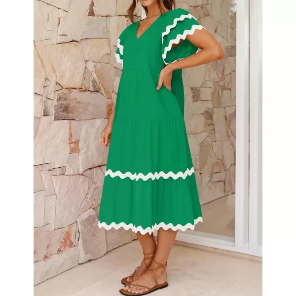 imageZESICA Womens 2024 Summer Casual Midi Dresses V Neck Flutter Short Sleeve Ruffle Tiered A Line Flowy Beach Long DressGreen