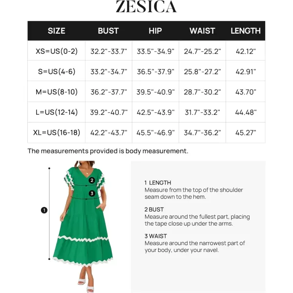 imageZESICA Womens 2024 Summer Casual Midi Dresses V Neck Flutter Short Sleeve Ruffle Tiered A Line Flowy Beach Long DressGreen