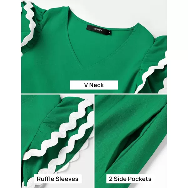 imageZESICA Womens 2024 Summer Casual Midi Dresses V Neck Flutter Short Sleeve Ruffle Tiered A Line Flowy Beach Long DressGreen