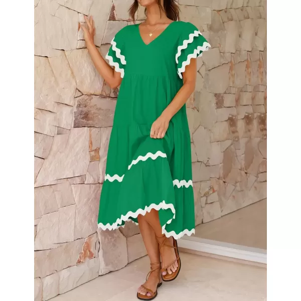 imageZESICA Womens 2024 Summer Casual Midi Dresses V Neck Flutter Short Sleeve Ruffle Tiered A Line Flowy Beach Long DressGreen