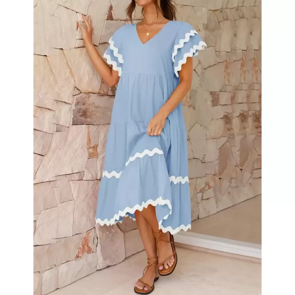 imageZESICA Womens 2024 Summer Casual Midi Dresses V Neck Flutter Short Sleeve Ruffle Tiered A Line Flowy Beach Long DressLightblue