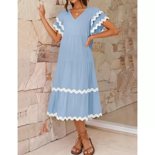 imageZESICA Womens 2024 Summer Casual Midi Dresses V Neck Flutter Short Sleeve Ruffle Tiered A Line Flowy Beach Long DressLightblue