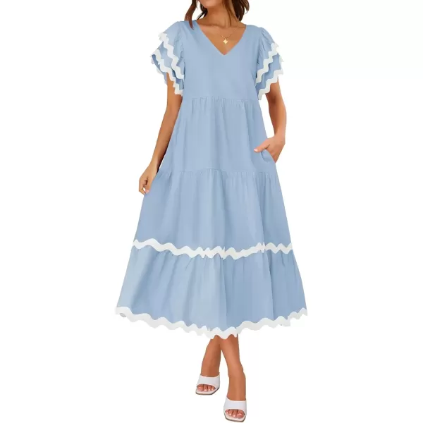 imageZESICA Womens 2024 Summer Casual Midi Dresses V Neck Flutter Short Sleeve Ruffle Tiered A Line Flowy Beach Long DressLightblue