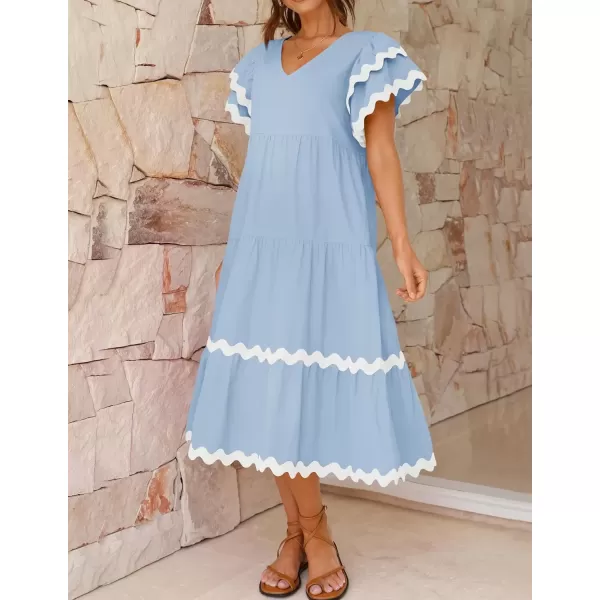imageZESICA Womens 2024 Summer Casual Midi Dresses V Neck Flutter Short Sleeve Ruffle Tiered A Line Flowy Beach Long DressLightblue