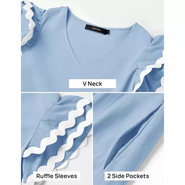 imageZESICA Womens 2024 Summer Casual Midi Dresses V Neck Flutter Short Sleeve Ruffle Tiered A Line Flowy Beach Long DressLightblue