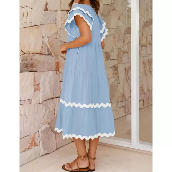 imageZESICA Womens 2024 Summer Casual Midi Dresses V Neck Flutter Short Sleeve Ruffle Tiered A Line Flowy Beach Long DressLightblue