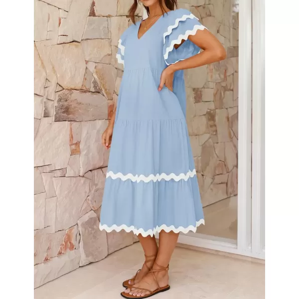 imageZESICA Womens 2024 Summer Casual Midi Dresses V Neck Flutter Short Sleeve Ruffle Tiered A Line Flowy Beach Long DressLightblue