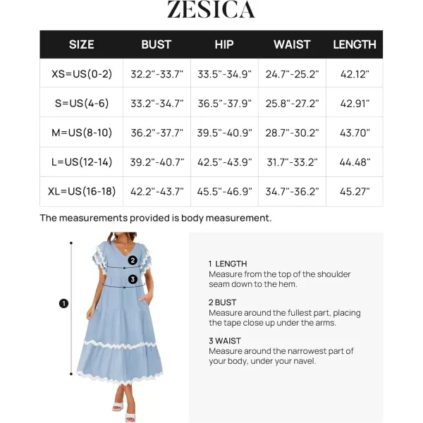 imageZESICA Womens 2024 Summer Casual Midi Dresses V Neck Flutter Short Sleeve Ruffle Tiered A Line Flowy Beach Long DressLightblue