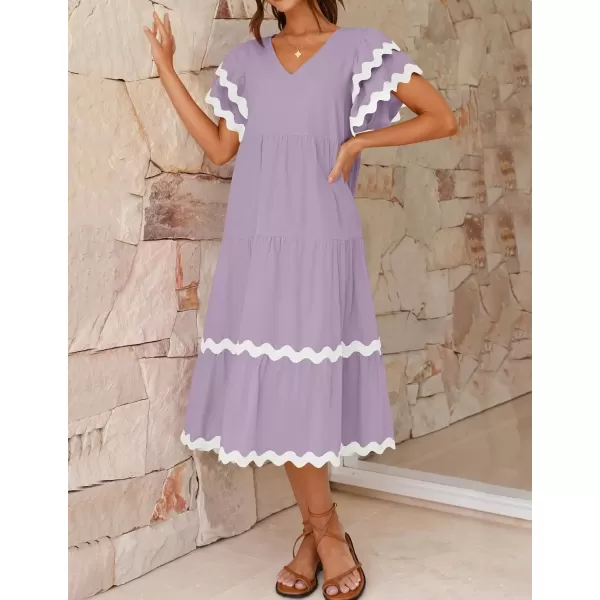 imageZESICA Womens 2024 Summer Casual Midi Dresses V Neck Flutter Short Sleeve Ruffle Tiered A Line Flowy Beach Long DressPurpletaro