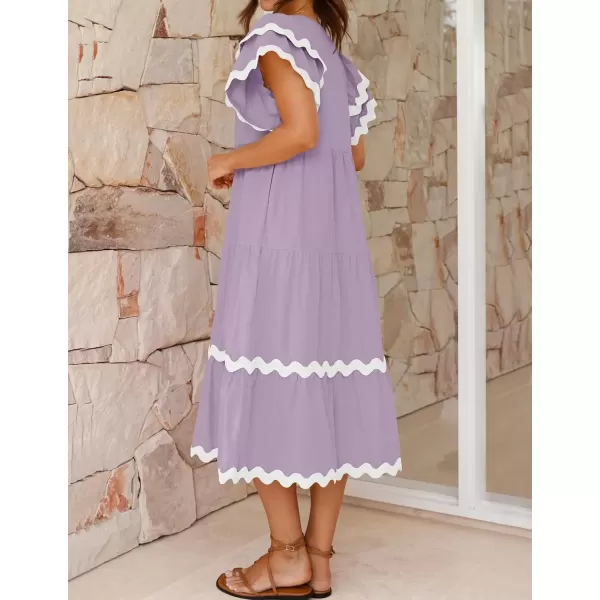 imageZESICA Womens 2024 Summer Casual Midi Dresses V Neck Flutter Short Sleeve Ruffle Tiered A Line Flowy Beach Long DressPurpletaro