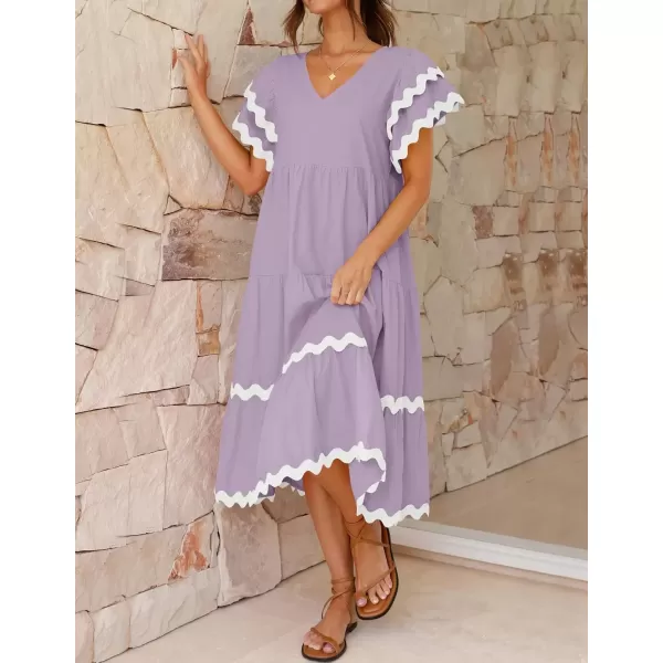 imageZESICA Womens 2024 Summer Casual Midi Dresses V Neck Flutter Short Sleeve Ruffle Tiered A Line Flowy Beach Long DressPurpletaro