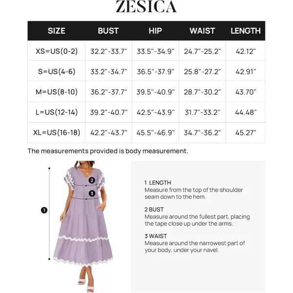 imageZESICA Womens 2024 Summer Casual Midi Dresses V Neck Flutter Short Sleeve Ruffle Tiered A Line Flowy Beach Long DressPurpletaro