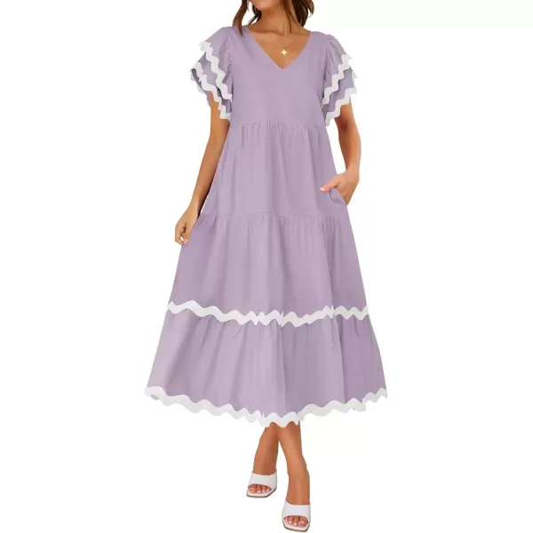 imageZESICA Womens 2024 Summer Casual Midi Dresses V Neck Flutter Short Sleeve Ruffle Tiered A Line Flowy Beach Long DressPurpletaro