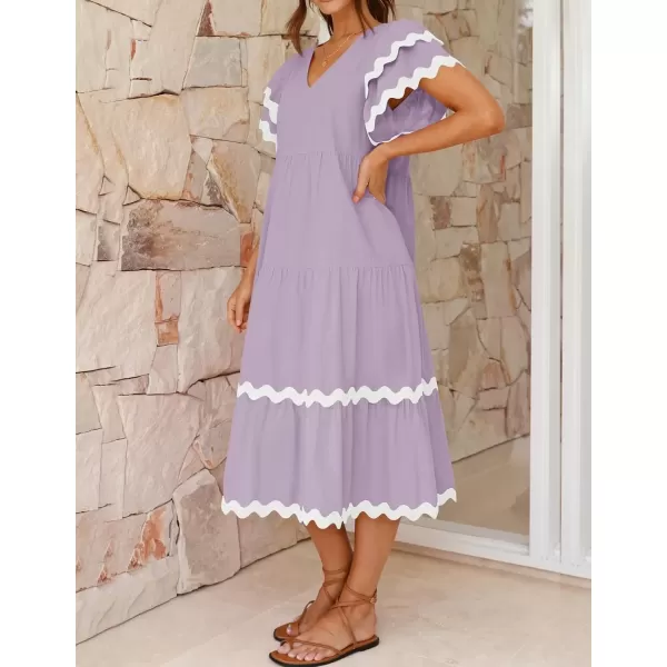 imageZESICA Womens 2024 Summer Casual Midi Dresses V Neck Flutter Short Sleeve Ruffle Tiered A Line Flowy Beach Long DressPurpletaro