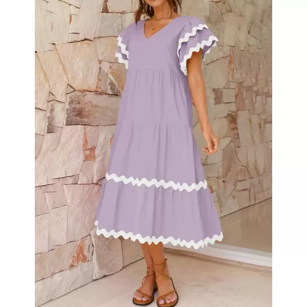 imageZESICA Womens 2024 Summer Casual Midi Dresses V Neck Flutter Short Sleeve Ruffle Tiered A Line Flowy Beach Long DressPurpletaro