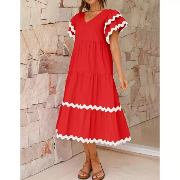 imageZESICA Womens 2024 Summer Casual Midi Dresses V Neck Flutter Short Sleeve Ruffle Tiered A Line Flowy Beach Long DressRed